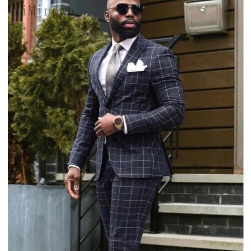 2 Piece Plaid Men Suits Peaked Lapel Prom Suits Big and Tall Formal Business Suits for Man Costume Mariage Homme Coat Pant