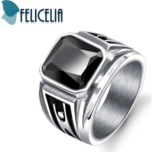 Felicelia 16MM Width Black Red Cubic Zirconia Crystal Ring For Men Punk Rock Jewelry Stainless Steel Signet Rings