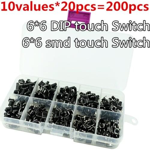 10values*20pcs=200pcs 6*6 Light micro touch Switch sets toggle switch Kit ,4.3MM - 13MM DIP 4Pin key switch 6*6*6 6*6*5