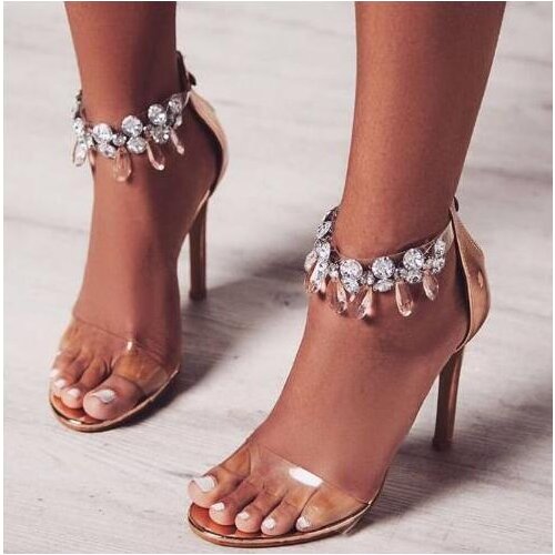 New Arrivals Rhinestone PVC Transparent Stiletto Sandals Woman Crystal Ankle Wrap Lady High Heels Shoes Suede Sexy Dance Shoes