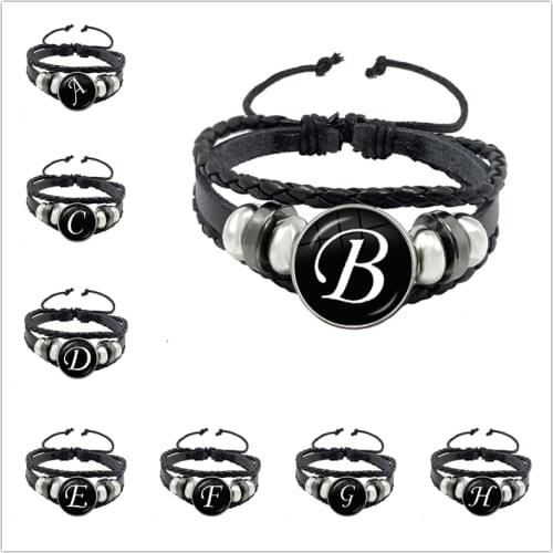 New 26 Letters Bracelet Personality Team Name Rope Bracelet Black Leather Bracelet Button Bangle Men Women Fashion Birthday Gift