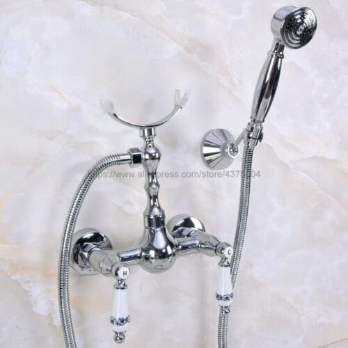 Polished Chrome Bathroom Shower Faucet Mixer Tap With Hand Shower Head Shower Faucet Set Wall Mounted Nna264
