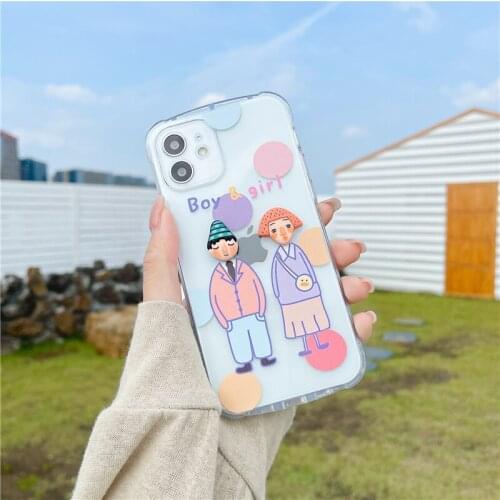 Transparent Lovers Couples Phone Case for iphone 11 Pro Max 12 X Xs Xr 7 8 Plus Cute Cartoon Boy and Girl Shockproof Soft Cover