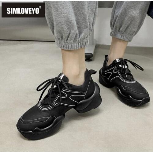 SIMLOVEYO New 2021 Women Sneaker Sports Dad Shoes Round Toe 6cm Heels Genuine Leather Lace-Up Hidden Breathable Summer A3507