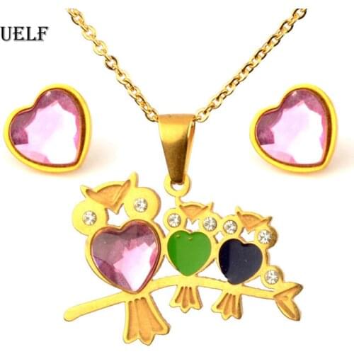 UELF Pink Color Heart Crystal Owl Jewelry Set 2019 New Synthetic pink Stone Pendant Necklace Earring Sets for Women