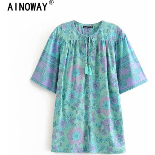 Vintage chic women green floral printed bohemian tassel blouse shirts ladies V-neck short sleeve boho shirts kimono oversize