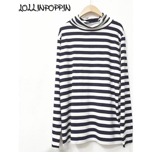 KPOP Same Style Navy Blue And White Stripe Turtleneck Long Sleeve T-Shirt GD High Neck Long Sleeved Tee Shirts