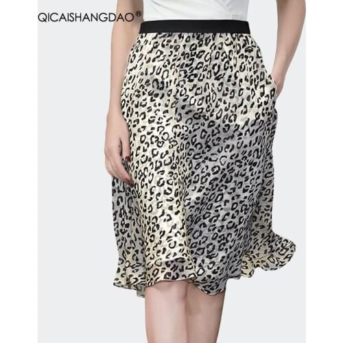 Fashion Satin Printed Mid-Length Leopard Skirts Women' Summer New High Waist A-Line Wrap Skirts Pocketed Plus Size Ladies Bottom