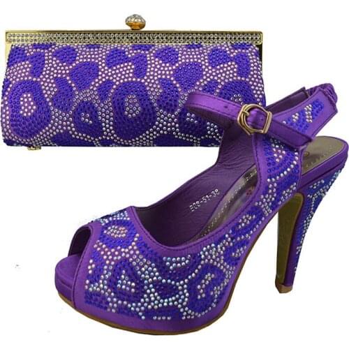 Wonderful high heel shoes matching bags series African shoes an handbag sets with rhinestone for party 1308-L16 purple