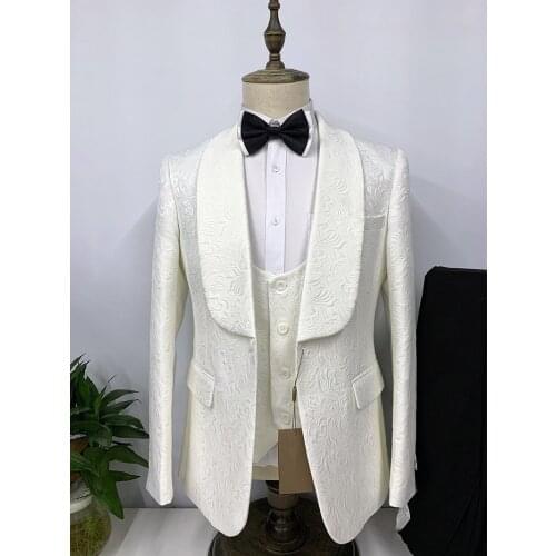 2021 Tailor made Ivory jacquard weave wedding suits men 3-piece formal male Large size Tuxedo groom fashion casual Blazer Jacket