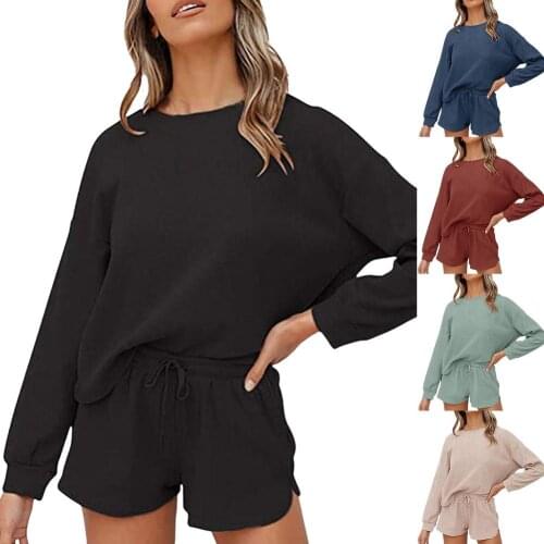 2 PCS Women Outfit Casual Solid Color Cotton Long Sleeve Top Shorts Lounge Set Loose T Shirt Wide Leg Short Pants Suits Homewear