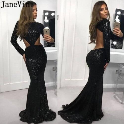JaneVini Sequined Black Mermaid Prom Dresses Long Sleeve Sexy Backless 2019 Evening Dress Plus Size Party Dress Galajurken Lang