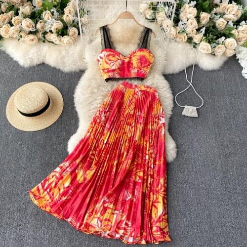 Bohemian Vacation Beach Style Clothes Set Summer Women Floral Printed Short Tops + High Waist Pleated Long Skirt 2pcs Suit
