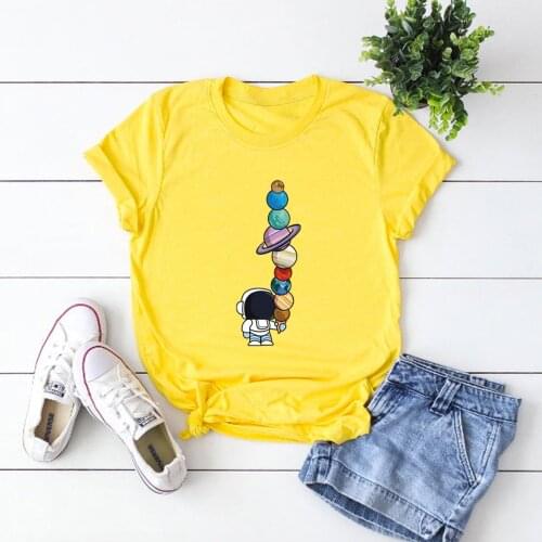 Plus Size Shirts Women Lovely Planets Astronaut Printed T-Shirt O Neck Short Sleeve Tees 100%Cotton T Shirt Summer Women Tops