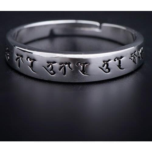 Green Tara Mantra S925 Silver Ring Adjustable size Carving Buddhist scriptures Bring good luck amulet Lovers ring Jewelry