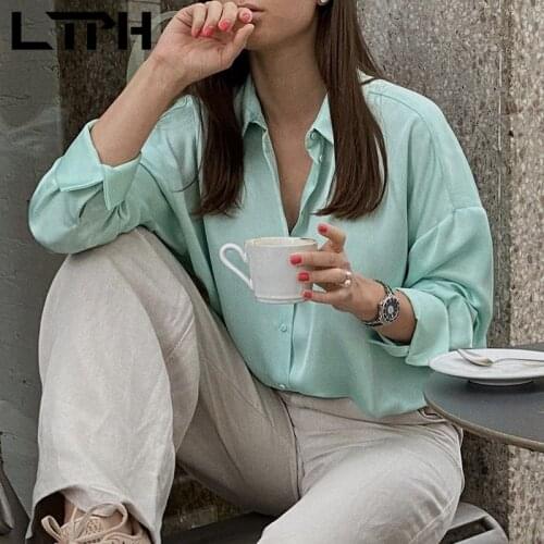 LTPH ins loose light green silk satin texture women shirts blouses streetwear vintage casual long sleeve top 2021 autumn new