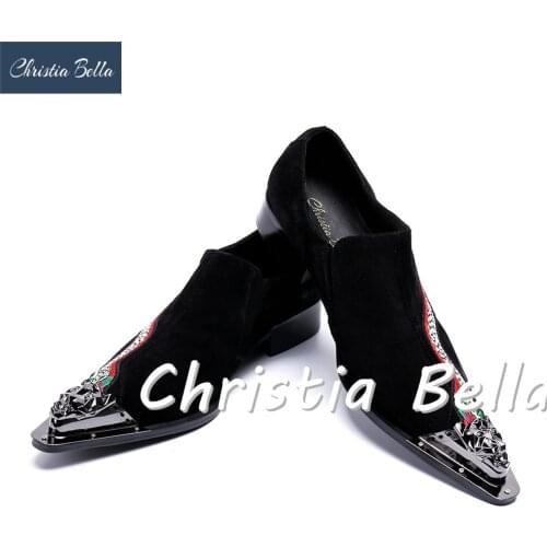 Christia Bella Mens Fashion Metal Pointed Toe Casual Shoes Black Leather Chaussure Homme Embroidery Lizard Oxford Shoes Men