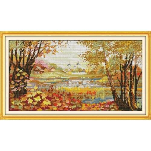 Lakeside Landscape Printing Cross Stitch Traditional Embroidery Pattern Set 11CT 14CT Needlework DIY Home Decoration Painting