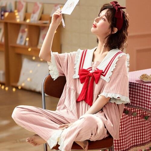 New Arrivals Women Home Wear Summer Autumn Bow Short Sleeve Women Pajamas Set Long Pant Pyjamas Sets Pocket Cotton Sleepwear