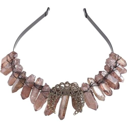 Womens Ethnic Vintage Jewelry Crown Headband Faux Raw Crystal Alloy Moon Hair Hoop Stone Gray Bridal Wedding Tiara