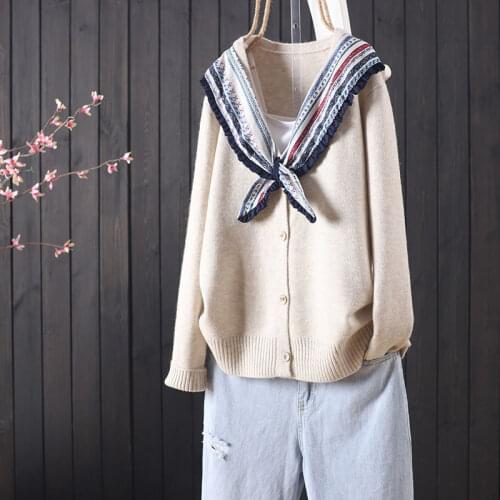 2021 autumn and winter new loose solid color stitching lace-up silk scarf knitted womens buttoned long-sleeved sweater cardigan