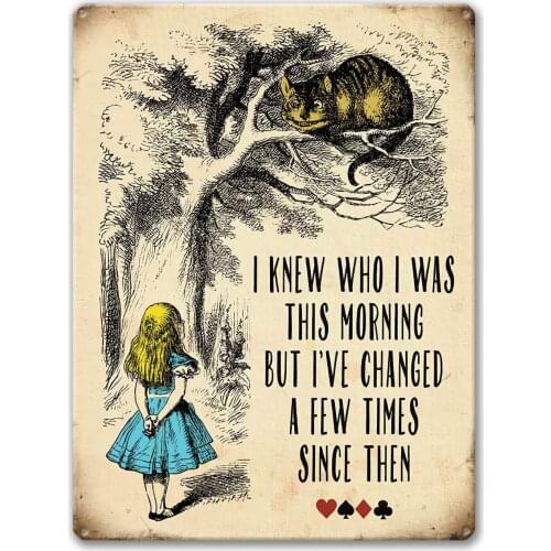 Agedsign Alice in Wonderland Poster, Vintage Metal Tin Sign I Know Who I was This Morning Quotes Decor Gifts for Girls Living