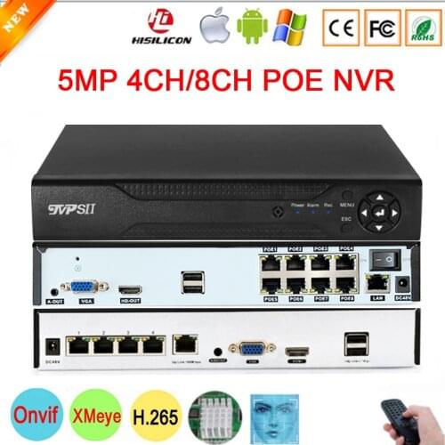 Remote Control Hi3536D Xmeye Audio 5MP 8CH 4CH 8 Channel H.265+ Face Detection 48V POE Onvif CCTV NVR Network Video Recorder