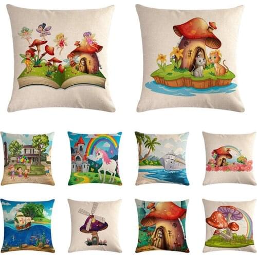 Rainbow Unicorn pillowcase linen horse forest mushroom cushion cover household sofa bed decoration pillow cover 45x45