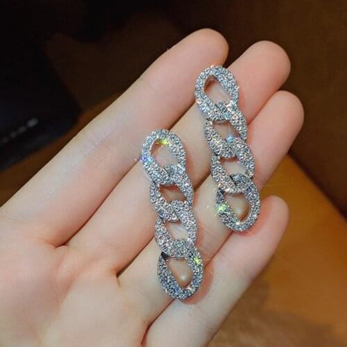 Shiny Luxury Rhinestone Dangle Earrings Rhinestone Cuban Link Chain Earring Silver Color Chain Dangle Earrings Womens Jewelry