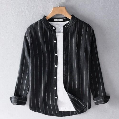 2020 New 100% linen brand shirt men stand collar striped shirts for men casual comfortable shirt mens long-sleeved shirts male