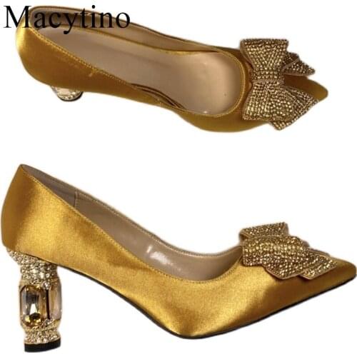 Sweet bowtie Women Pumps Spring Autumn sexy party Shoes Diamond heel wedding Shoes Pointed Crystal Sandals Yellow Heels