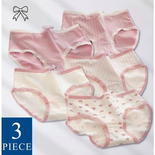 WONTIVE 3PCS Set 3 Pieces for Women Panties with Bow Line Japan Style Cute Sexy Cotton Panties M-2XL Girly Ladies Period Panty