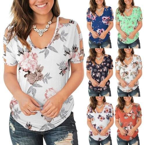 Hollow Out Fashion Women Tunic Short Sleeve Flower Printing Blouses Tops Womens V-neck Casual Shirts Summer Blouses Et Chemises
