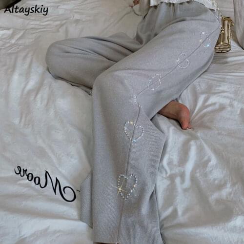 Wide Leg Pants Women Elastic Waist Elegant Heart-Embroidery Ulzzang Elegant Spring High Waist Simple Trendy Teens Oversized Ins