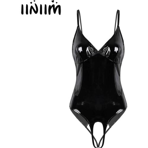 Iiniim Womens Lingerie Body Suit Femme Open Crotch Wetlook Costumes Leather Straps Crotchless Sissy Clubwear Bodysuit Catsuit