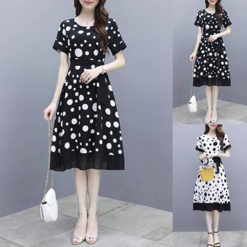 Women Summer Casual Simple O-neck Short Sleeve Polka Dot Waistband Slim Dress Short Sleeve Polka Dot Waistband Slim Dress