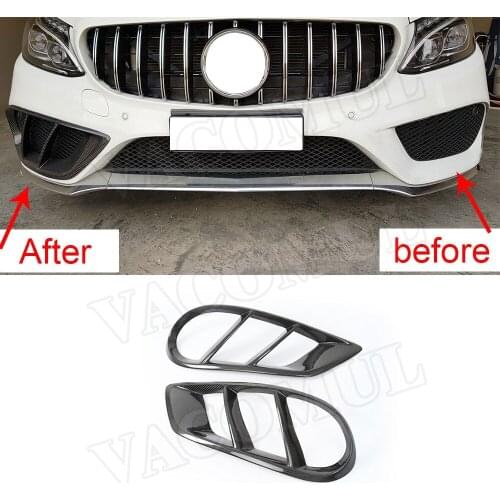 2PCS Carbon Fiber Front Bumper Air Vent Cover Trim for Benz C Class W205 C43 AMG C200 Sport 2015 - 2018 Foglamp Mesh Grill FRP