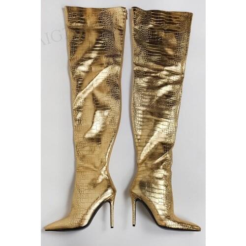 BERZIMER Women Over Knee Boots Gold Crocodile Print Thigh High Boots Handmade Ladies Cosplay Shoes Woman Large Size 39 44 45 47