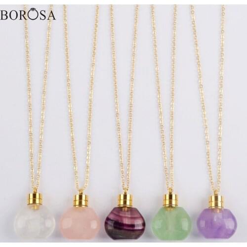 BOROSA Clear Crystal Essential Oil Bottle Pendant Necklace Fluorite Amethysts Perfume Bottle Pendant Necklace for Women G1978