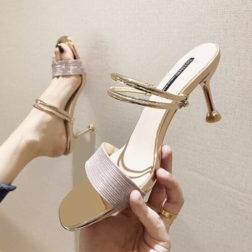 Bling bling gold/silver sandals woman two ways wear summer thin high heels shoes glitter slides narrow band gladiator sandals