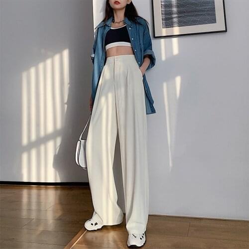 High Waist Pants For Women Elegant Office Lady Casual Long Pants Straight Wide Leg Female Trousers Solid Vintage Summer New
