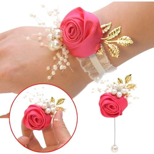 Silk Rose Flower Groom Boutonniere Bride Wrist Corsage Man Suit Brooch Women Hand Wedding Flowers Party Decoration