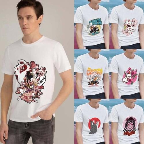Mens Tshirt Japanese Style Comics Mask Pattern Series Tops White Basis O-neck Printing T-shirt Casual Male Short Sleeve Man Tee