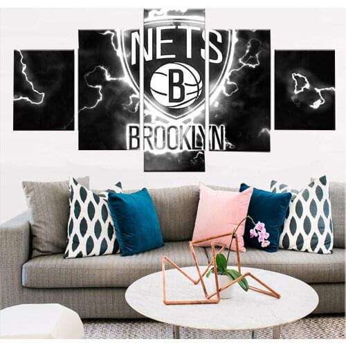 5 Pieces Wall Art Canvas Painting Brooklyn Nets Basketball Poster Modern Canvas Pictures For Living Room Decorative Frame