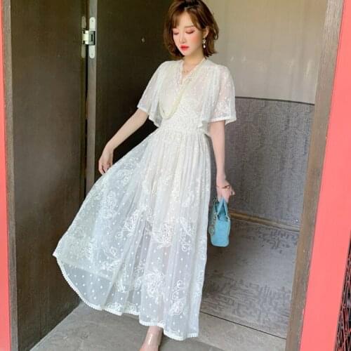 Floral Embroidery Summer Lace Dress Women V-Neck High Waist Long Midi Dress Plus Size Pearl Beading Lace Up Backless Hollow A876