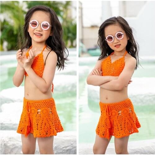 2021 Summer Holidays crochet 2PCS/SET Children girls beachwear candy color crop top+A line skirt beach cover-ups