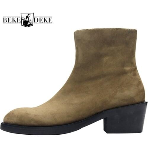 Brand Office High Heel Shoes Men Fashion 2020 Khaki Zipper Platform Chelsea Boots Pointed Toe Formal Ankle Boots Plus Size 45