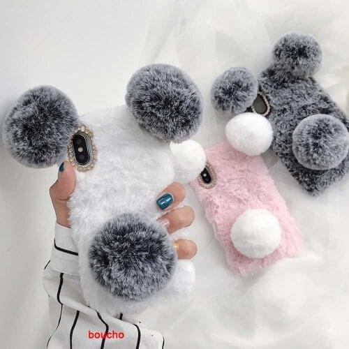 3D Panda Ear Cute Plush Fur Fluffy Phone Case For iPhone 11 Pro Max Xr X 7 8 Plus 6 6S XS MAX Fashion Lady Soft Silicone Cover