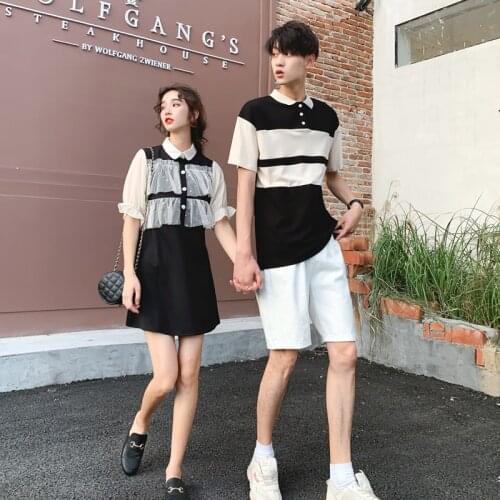 Pair of summer men and women matching color short-sleeved T-shirts minority design sense couples clothes couples clothing