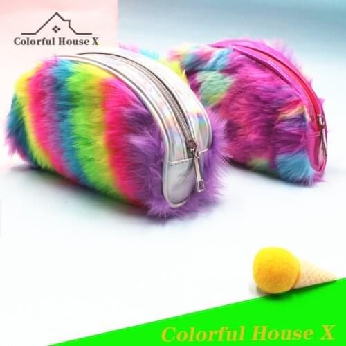 Rainbow Color Plush Ladies Cosmetic Bag Student Large-Capacity Stationery Storage Sack Fashionable Colorful Zip Packages Violet